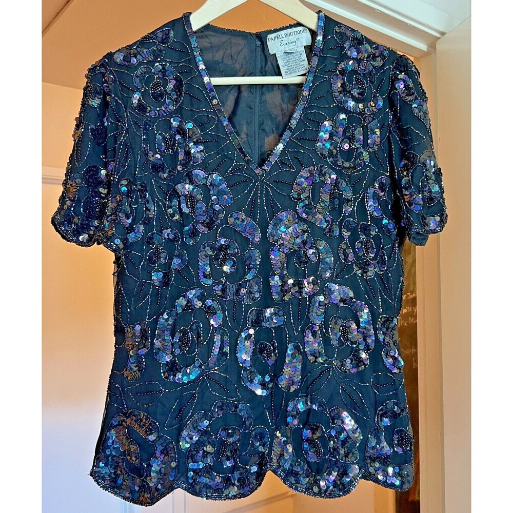 PAPELL Boutique Evening Blouse  Sz M Vintage 80s Black Sequin Beaded Silk V Neck